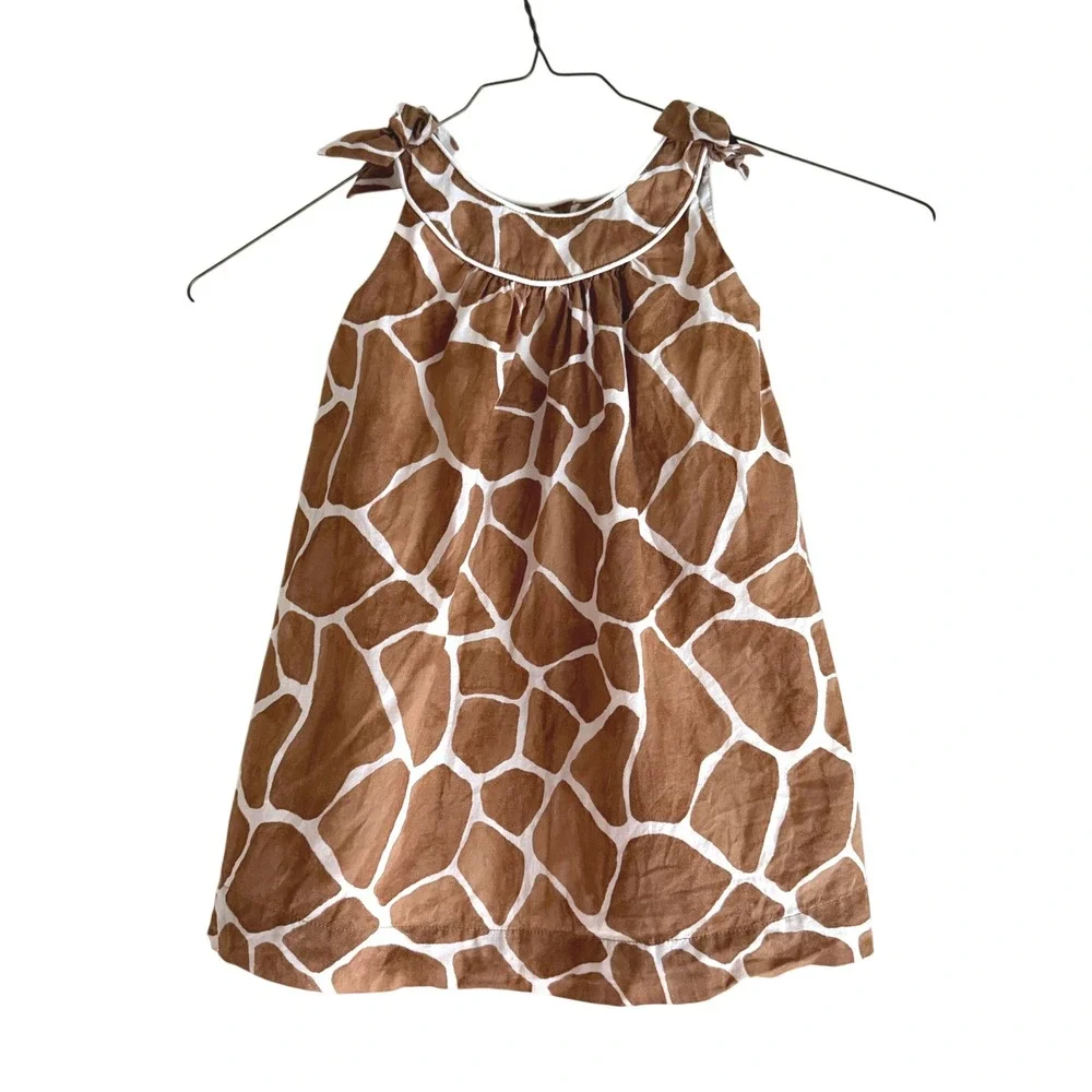 Janie and Jack Girls Dress Brown Giraffe Print Cotton 12-18 Months Animal Bows